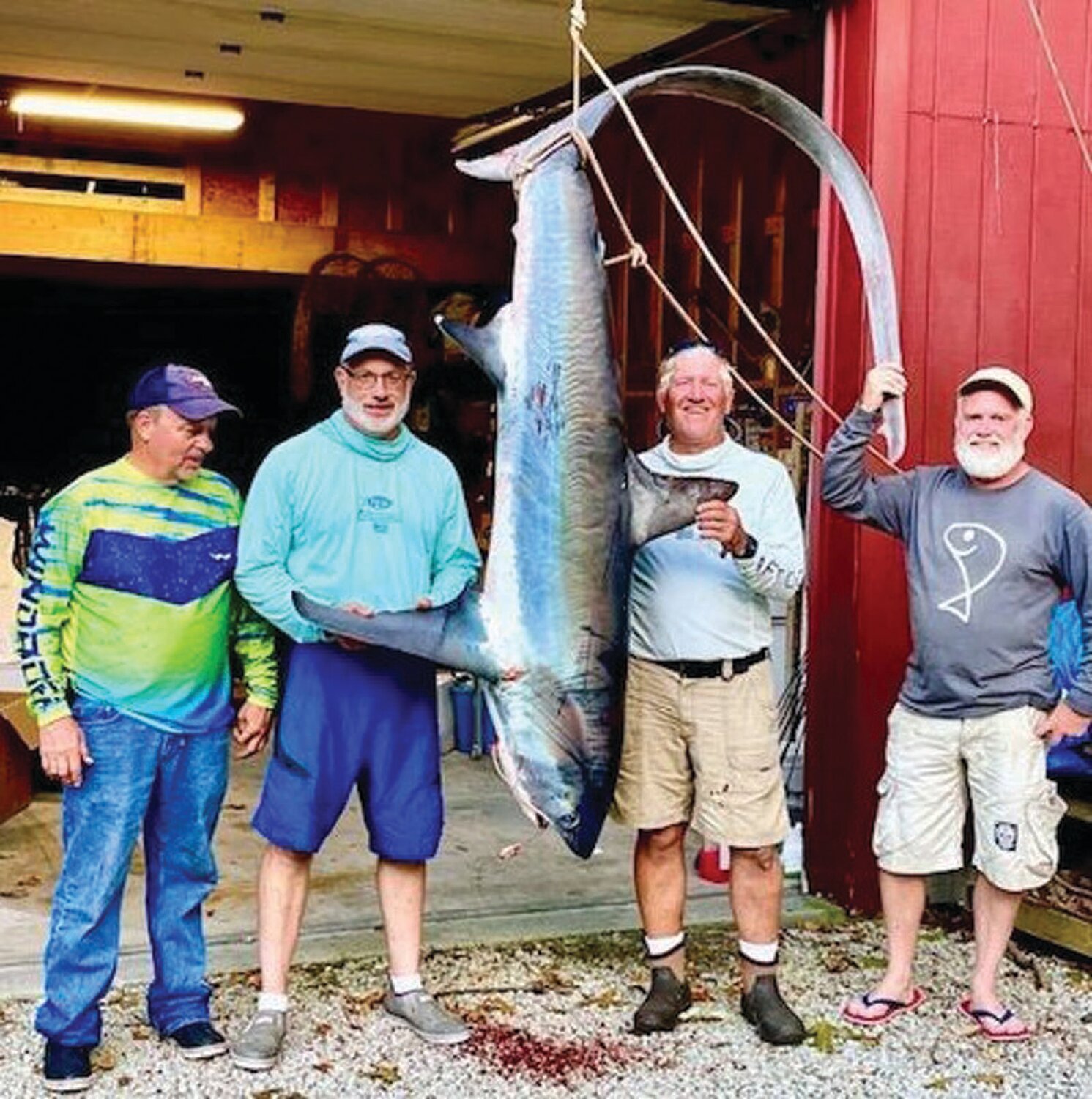 SHARK BITE: Dave Dube, Greg Vespe, Phil Duckett Jr. and Todd Corayer caught this 11-foot, 4-inch thresher shark when fishing southeast of Newport last summer. (Submitted photos)